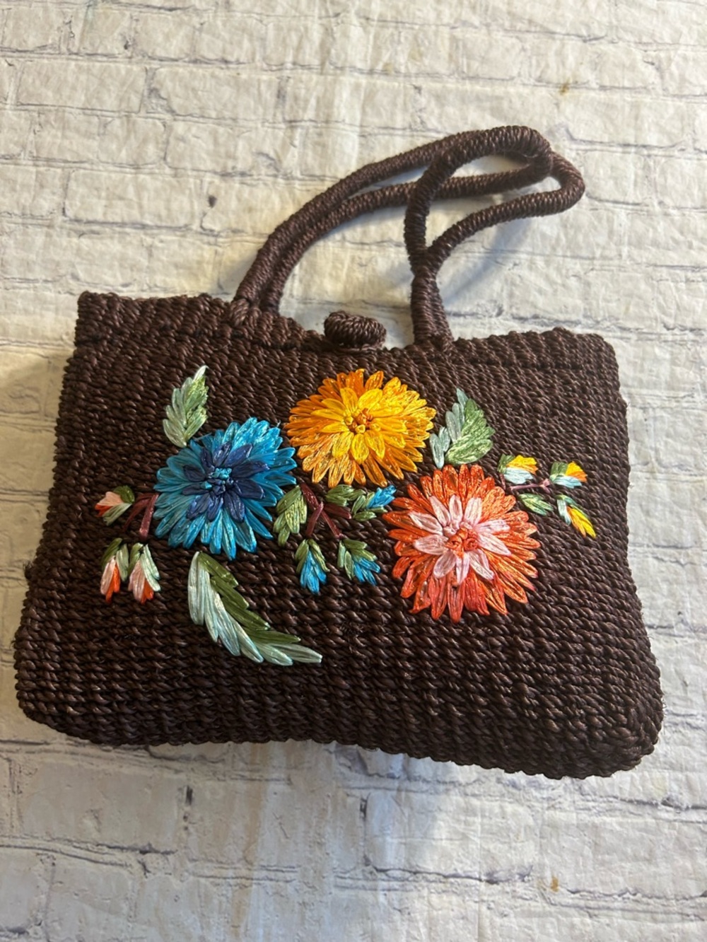 C&B SPORT CROFT AND BARROW VTG RAFFIA 3D APPLIQUÉS FLORAL STRAW BAG CHOCOLATE